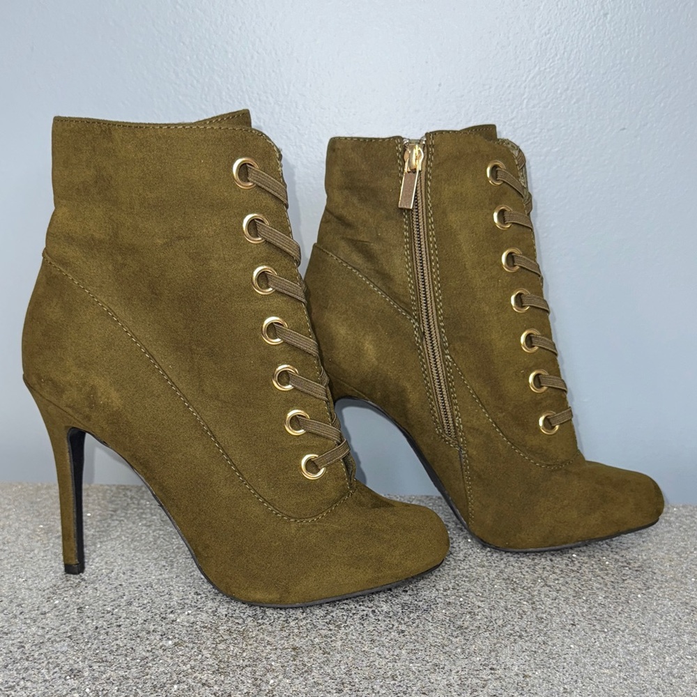 Anne Michelle Khaki Lace-Up Heeled Ankle Boots Size 8 - Picture 2 of 9